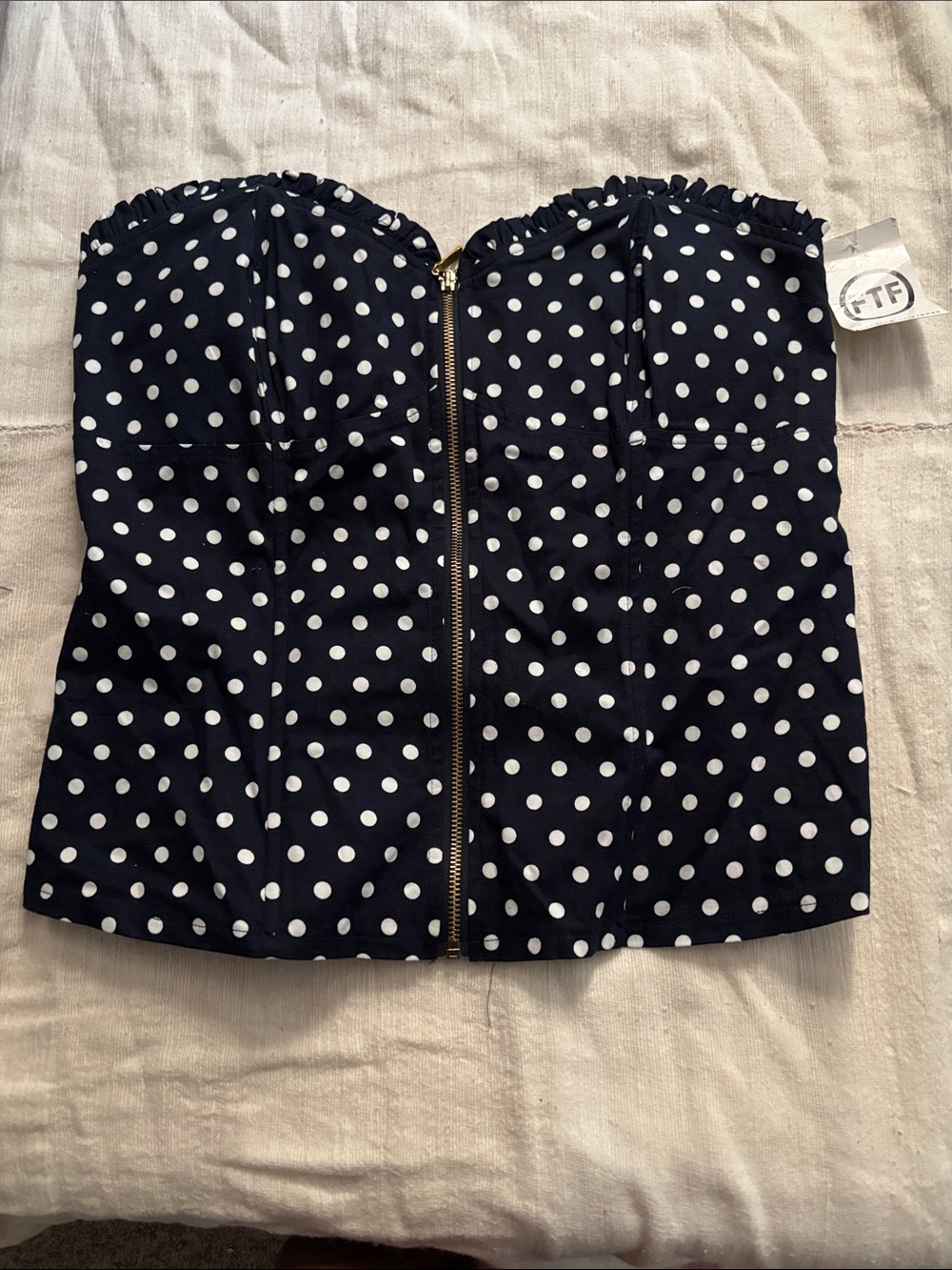 Fashion to Figure Polka Dot Strapless Zip-Front Bustier Top - Navy & White